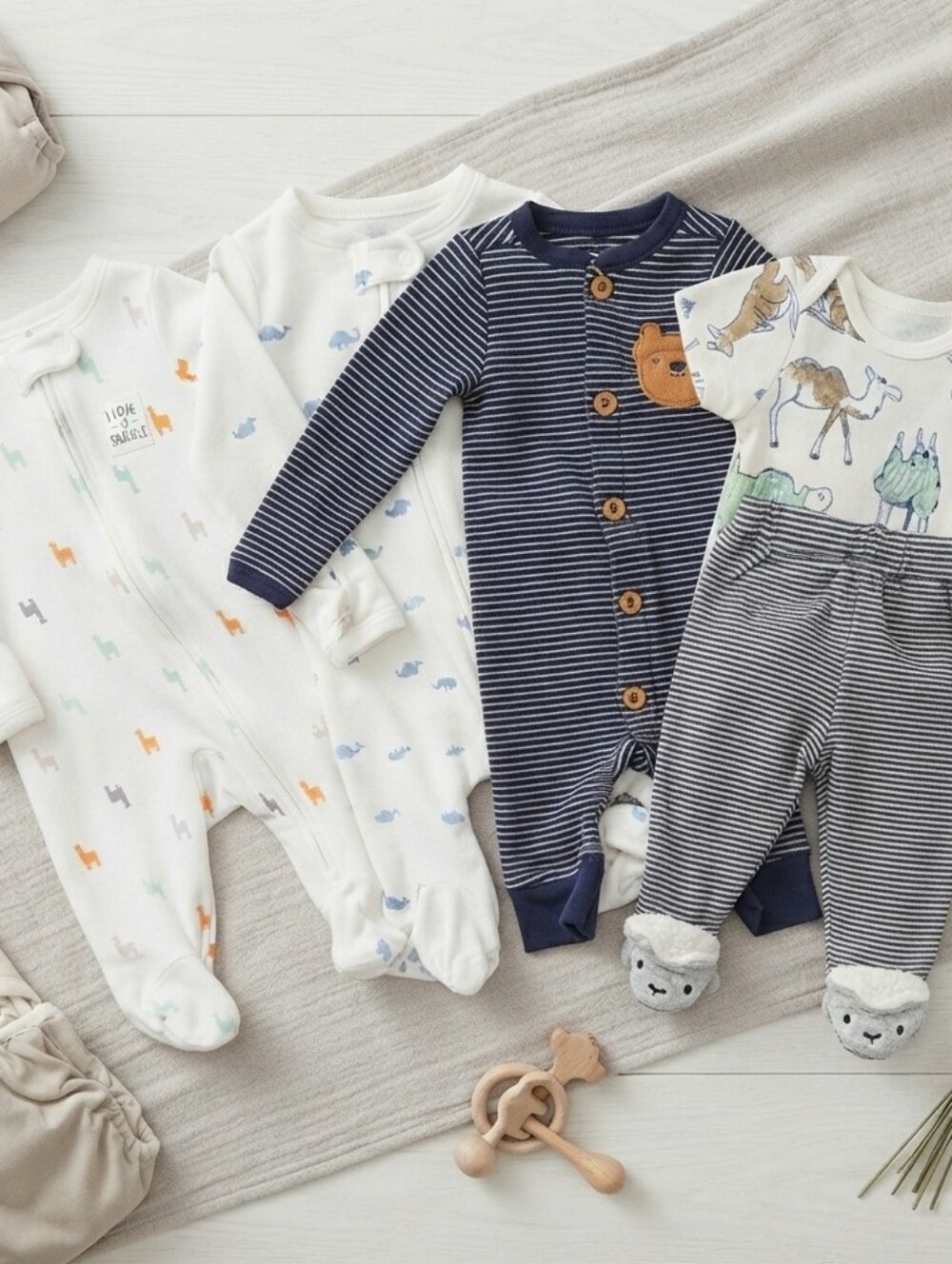 NB Striped and Animal Print Kids One Piece Set